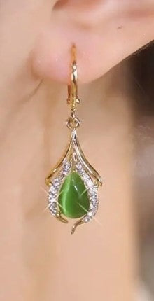 Fashion jewelry- Round Zircon Crystal with green stone,Gold Color Dangle Hoop Earring with travel jewelry case